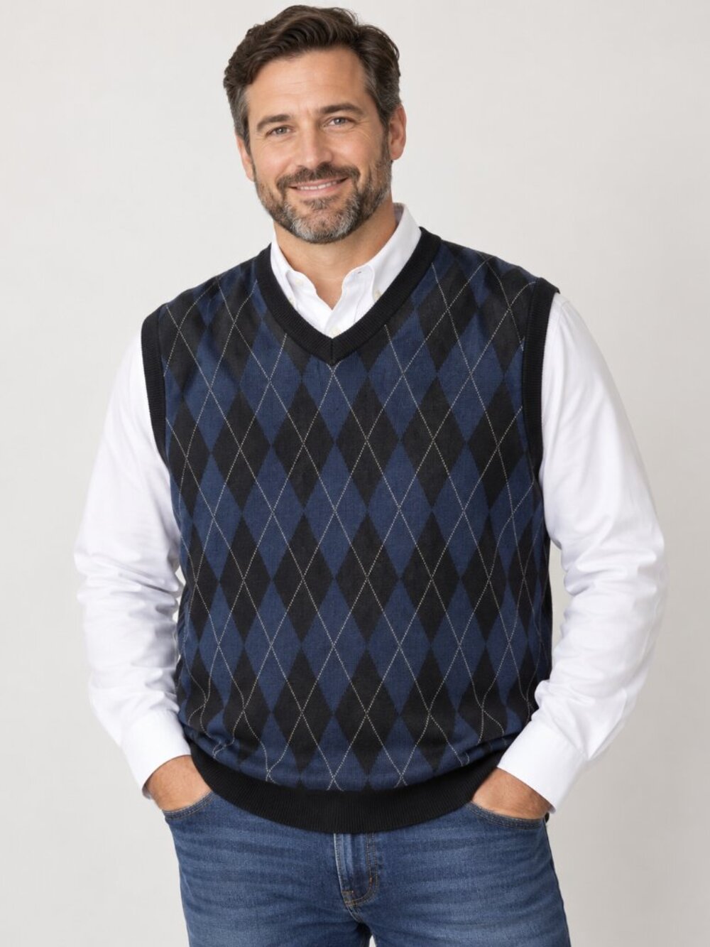 Saddlebred Men XXL Argyle Sweater Vest Blue V Neck Cotton Knit Preppy